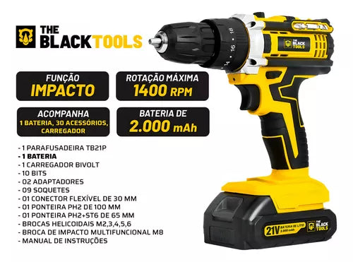 Parafusadeira E Furadeira Impacto The Black Tools Tb-21pw 21v 3/8 Cor Amarelo Frequência 50/60 Hz 110v/220v